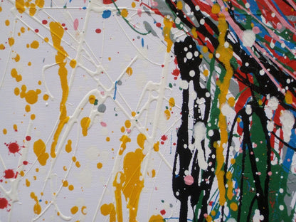Abstract artwork of a face with colourful drips and splashes on a white background, painted on to an un-stretched 159 by 112 cm canvas - detail