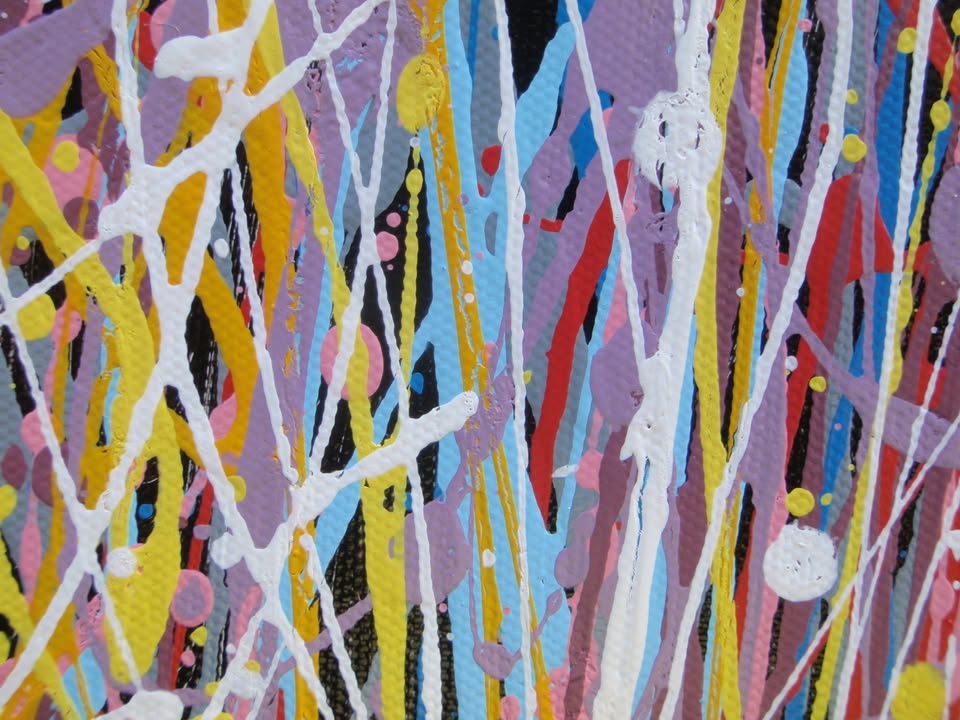 A colourful abstract painting of a tree with a dense canopy made of multicoloured paint splatters, including lilac and purple, and a textured trunk, set against a plain white background. Hand painted on to a 159 by 112 cm canvas. Close up photo.