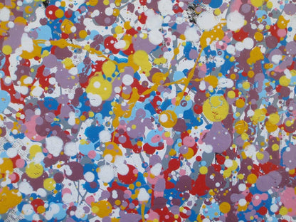 A colourful abstract painting of a tree with a dense canopy made of multicoloured paint splatters, including lilac and purple, and a textured trunk, set against a plain white background. Hand painted on to a 159 by 112 cm canvas. Close up photo.