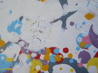 A colourful abstract painting of a tree with a dense canopy made of multicoloured paint splatters, including lilac and purple, and a textured trunk, set against a plain white background. Hand painted on to a 159 by 112 cm canvas. Close up photo.
