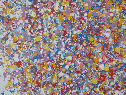 A colourful abstract painting of a tree with a dense canopy made of multicoloured paint splatters, including lilac and purple, and a textured trunk, set against a plain white background. Hand painted on to a 159 by 112 cm canvas. Close up photo.