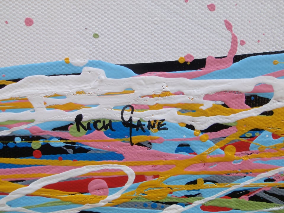A hand-painted colourful abstract tree artwork made of many small paint splatters in the canopy and layered multi-coloured lines in the trunk and roots, set against a plain light background. Painted on to a 159 by 112 cm un-stretched canvas - detail