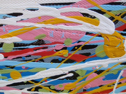 A hand-painted colourful abstract tree artwork made of many small paint splatters in the canopy and layered multi-coloured lines in the trunk and roots, set against a plain light background. Painted on to a 159 by 112 cm un-stretched canvas - detail