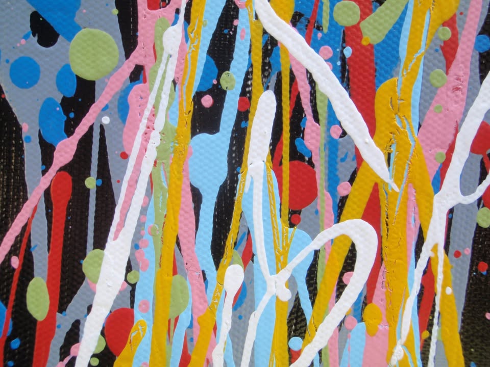 A hand-painted colourful abstract tree artwork made of many small paint splatters in the canopy and layered multi-coloured lines in the trunk and roots, set against a plain light background. Painted on to a 159 by 112 cm un-stretched canvas - detail
