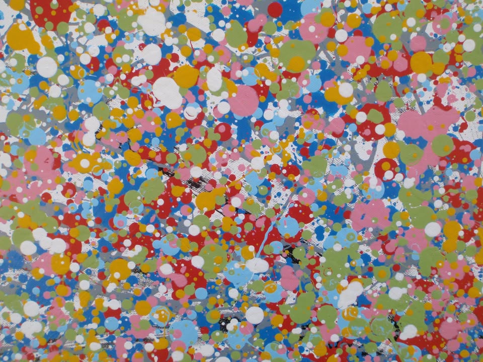 A hand-painted colourful abstract tree artwork made of many small paint splatters in the canopy and layered multi-coloured lines in the trunk and roots, set against a plain light background. Painted on to a 159 by 112 cm un-stretched canvas - detail
