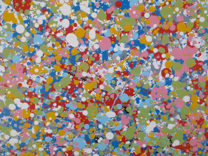 A hand-painted colourful abstract tree artwork made of many small paint splatters in the canopy and layered multi-coloured lines in the trunk and roots, set against a plain light background. Painted on to a 159 by 112 cm un-stretched canvas - detail
