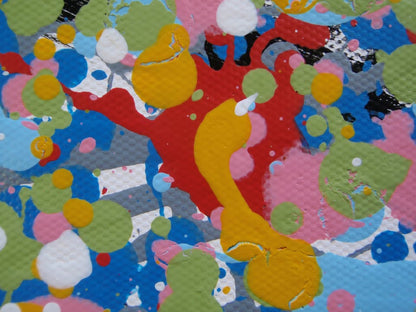 A hand-painted colourful abstract tree artwork made of many small paint splatters in the canopy and layered multi-coloured lines in the trunk and roots, set against a plain light background. Painted on to a 159 by 112 cm un-stretched canvas - detail