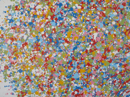 A hand-painted colourful abstract tree artwork made of many small paint splatters in the canopy and layered multi-coloured lines in the trunk and roots, set against a plain light background. Painted on to a 159 by 112 cm un-stretched canvas - detail