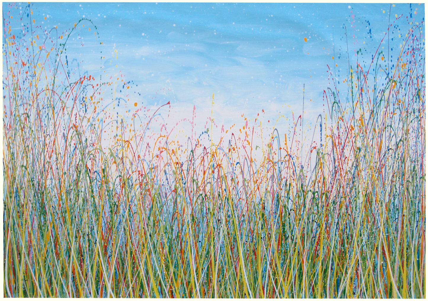 Painting of tall grasses swaying in a field with a blue sky on 159 cm by 112 cm canvas - full view.