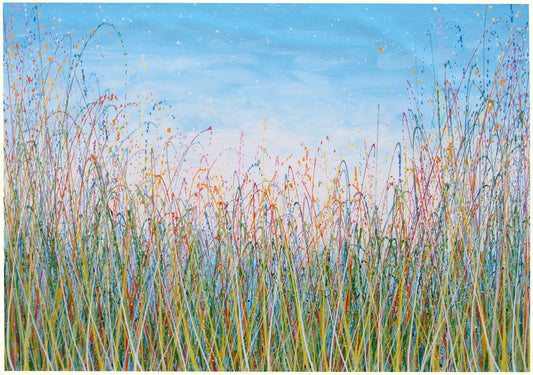 Painting of tall grasses swaying in a field with a blue sky on 159 cm by 112 cm canvas - full view.
