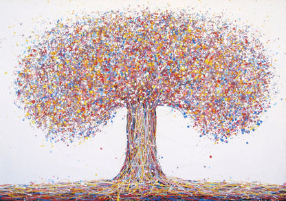 A colourful abstract painting of a tree with a dense canopy made of multicoloured paint splatters, including lilac and purple, and a textured trunk, set against a plain white background. Hand painted on to a 159 by 112 cm canvas. Full view photo.