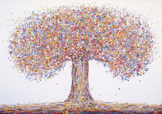 A colourful abstract painting of a tree with a dense canopy made of multicoloured paint splatters, including lilac and purple, and a textured trunk, set against a plain white background. Hand painted on to a 159 by 112 cm canvas. Full view photo.