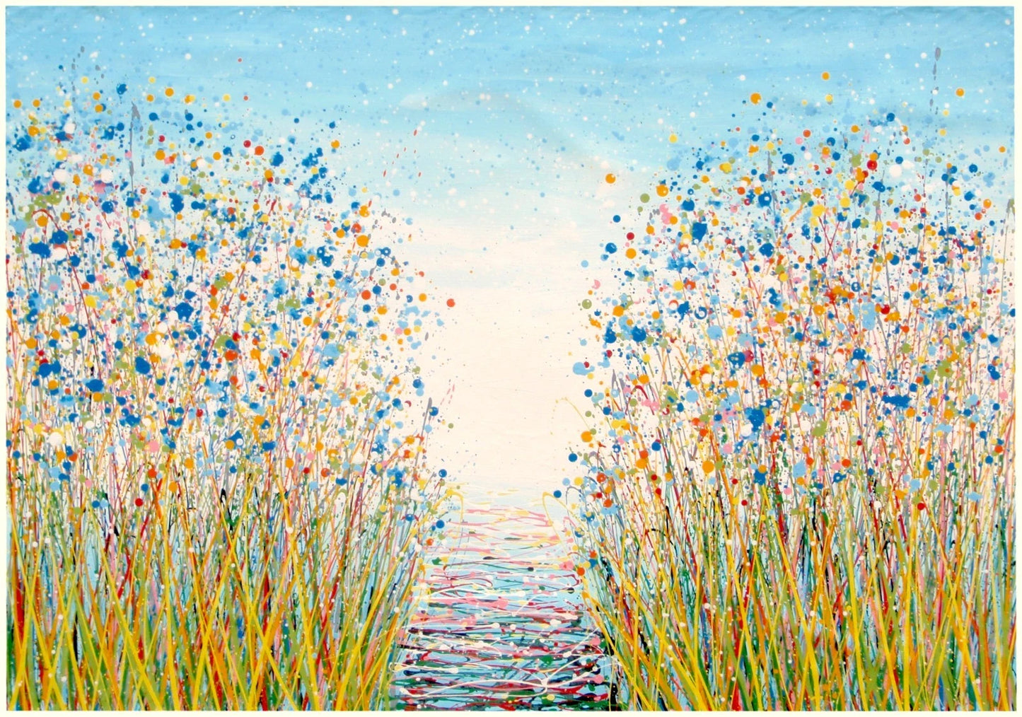 Colourful abstract painting of blue flowers and grass with a blue sky, on a 159 cm by 112 cm canvas - full view