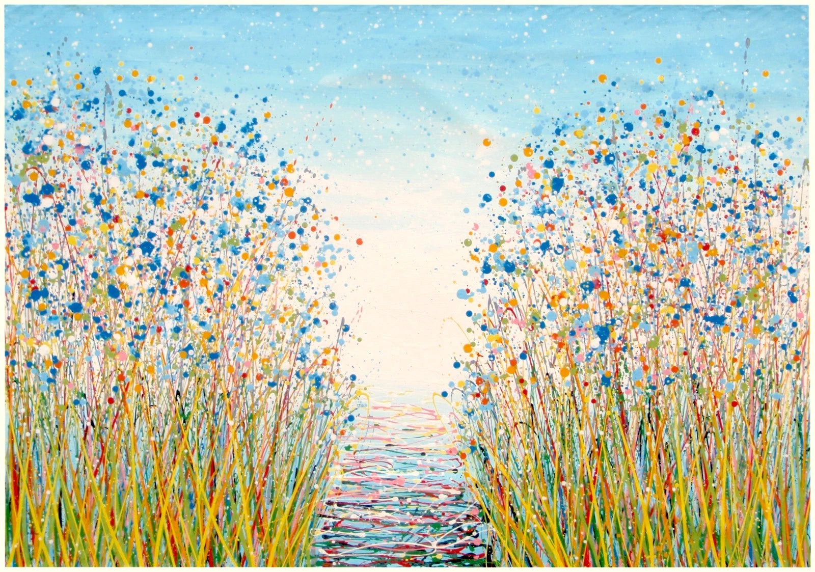 Colourful abstract painting of blue flowers and grass with a blue sky, on a 159 cm by 112 cm canvas - full view