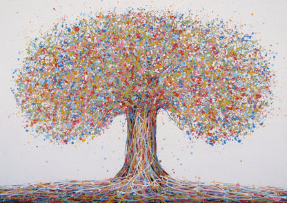 A hand-painted colourful abstract tree artwork made of many small paint splatters in the canopy and layered multi-coloured lines in the trunk and roots, set against a plain light background. Painted on to a 159 by 112 cm un-stretched canvas - full view
