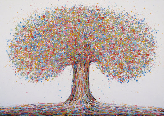 A hand-painted colourful abstract tree artwork made of many small paint splatters in the canopy and layered multi-coloured lines in the trunk and roots, set against a plain light background. Painted on to a 159 by 112 cm un-stretched canvas - full view