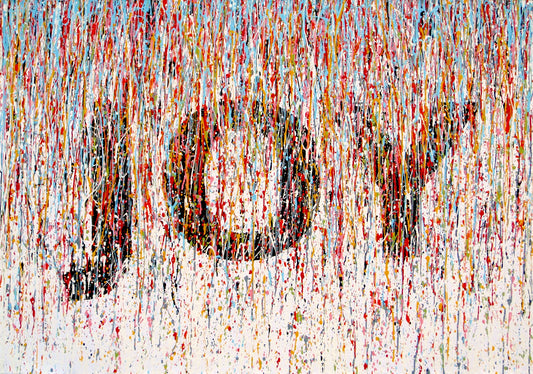 Abstract wall art featuring the word 'JOY' formed by dripping, splattered paint in multiple colours including red, blue, yellow, black, and white on a light background - full view