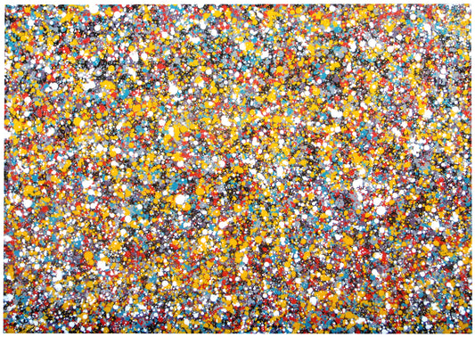 159 by 112 cm dot and spot abstract painting on black canvas by Rich Gane - full view