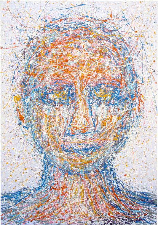 A huge abstract portrait painting of a man showing his head and neck, in a very colourful modern art style, on an un-stretched 159 cm by 112 cm canvas - full view