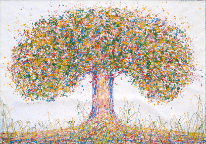 Colourful abstract tree painting with multicoloured leaves on a white background - full view