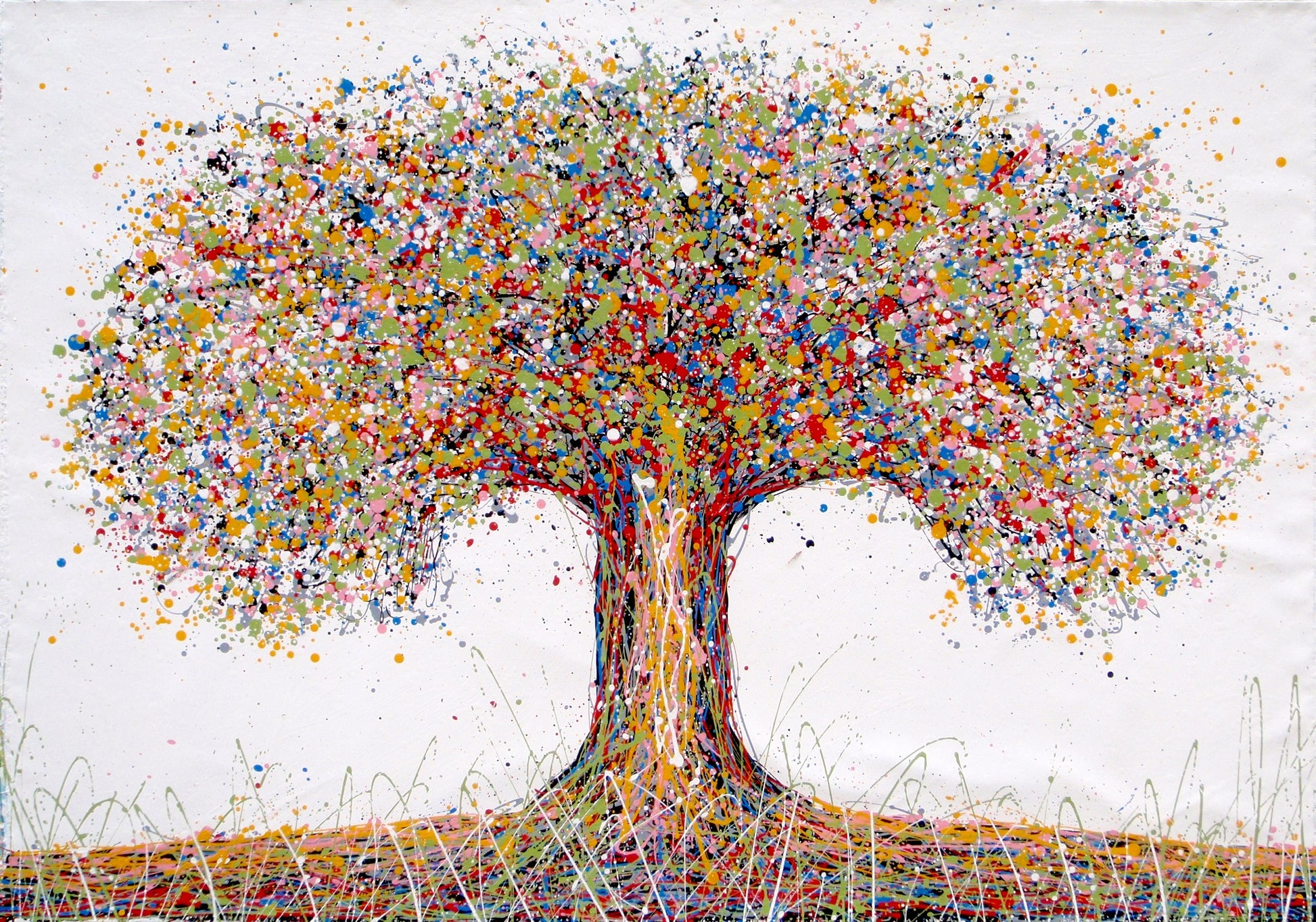 Colourful abstract tree painting on a white background on a really big 159 by 112 cm canvas - full view