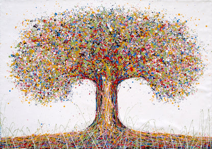Colourful abstract tree painting on a white background on a really big 159 by 112 cm canvas - full view