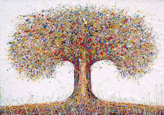 Colourful abstract tree painting on a white background on a really big 159 by 112 cm canvas - full view