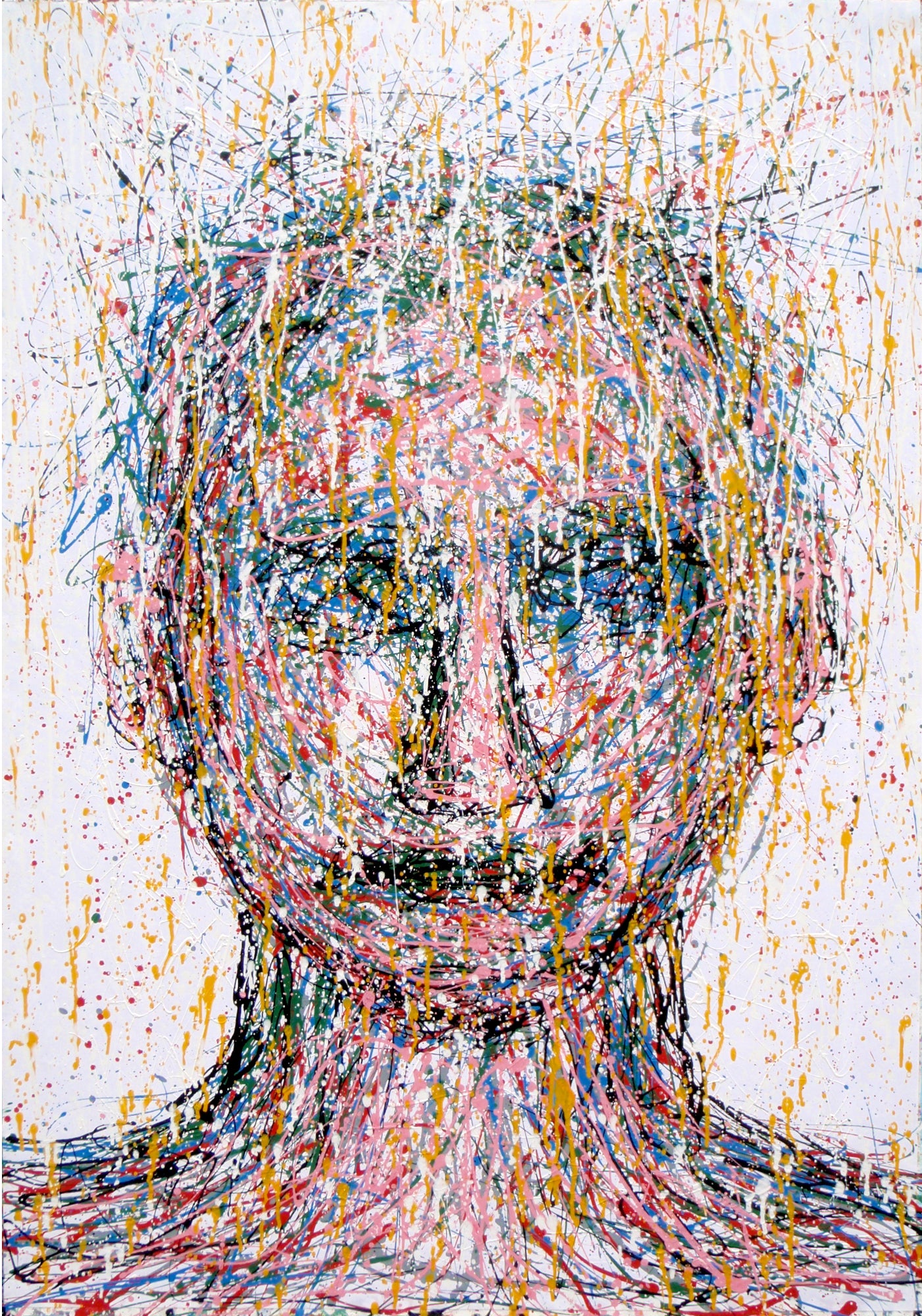 Abstract artwork of a face with colourful drips and splashes on a white background, painted on to an un-stretched 159 by 112 cm canvas - full view