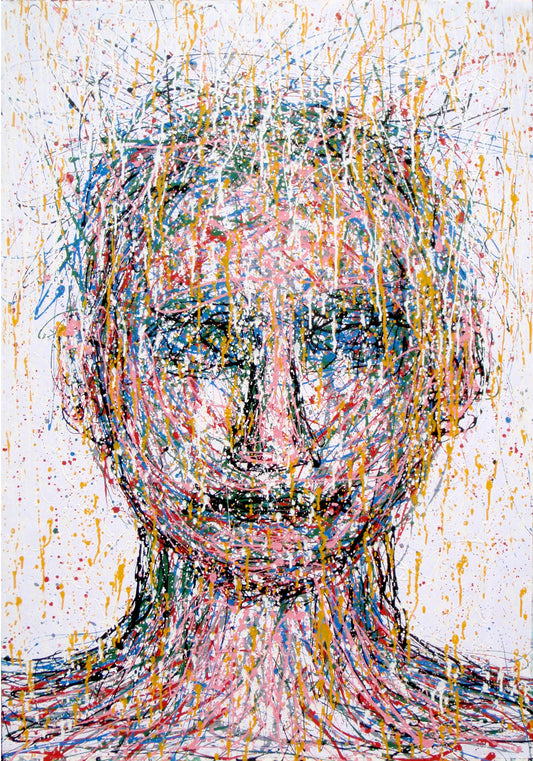 Abstract artwork of a face with colourful drips and splashes on a white background, painted on to an un-stretched 159 by 112 cm canvas - full view