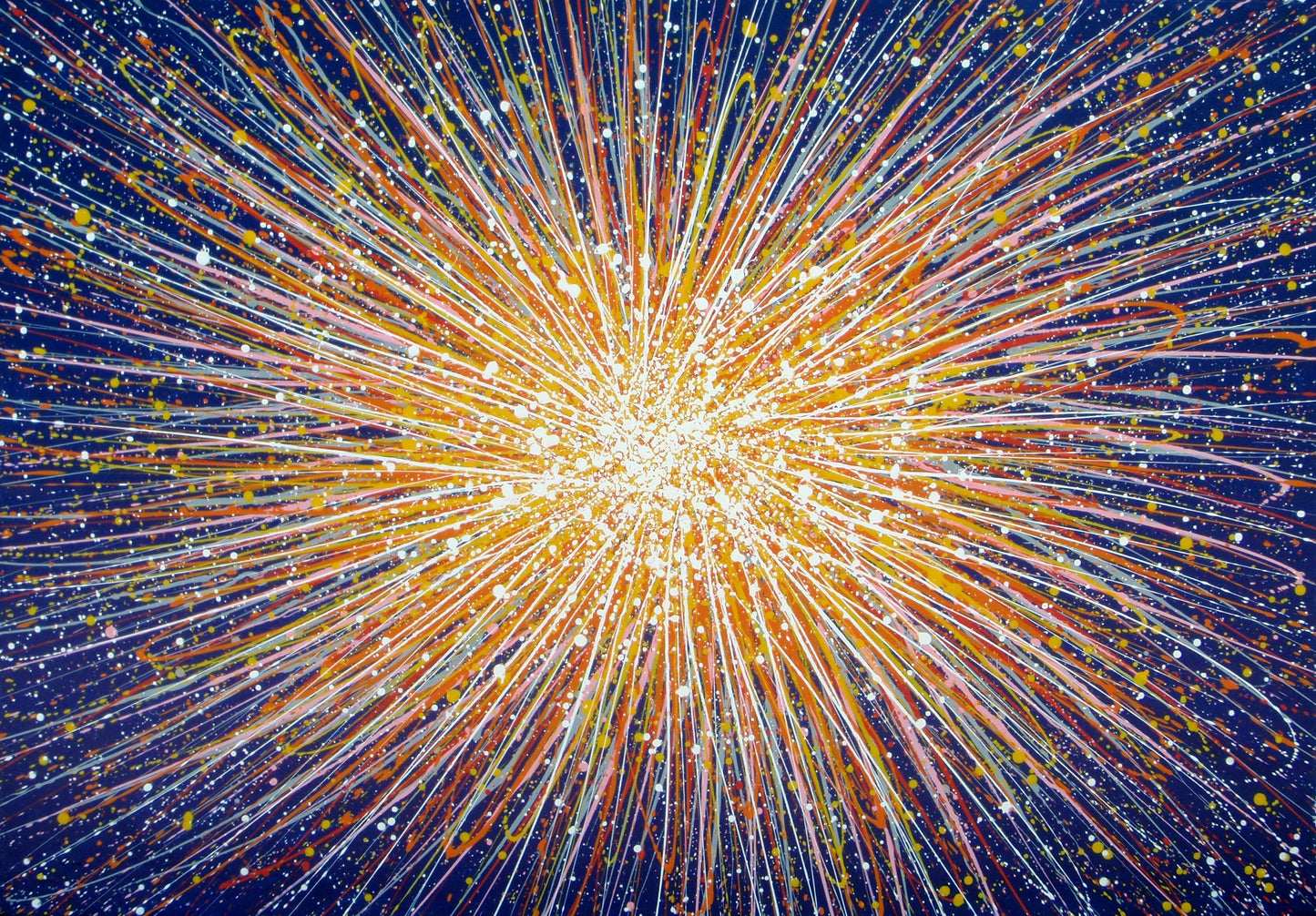 Modern art painting showing a burst of colourful rays of light from a central star against a dark blue sky - full view