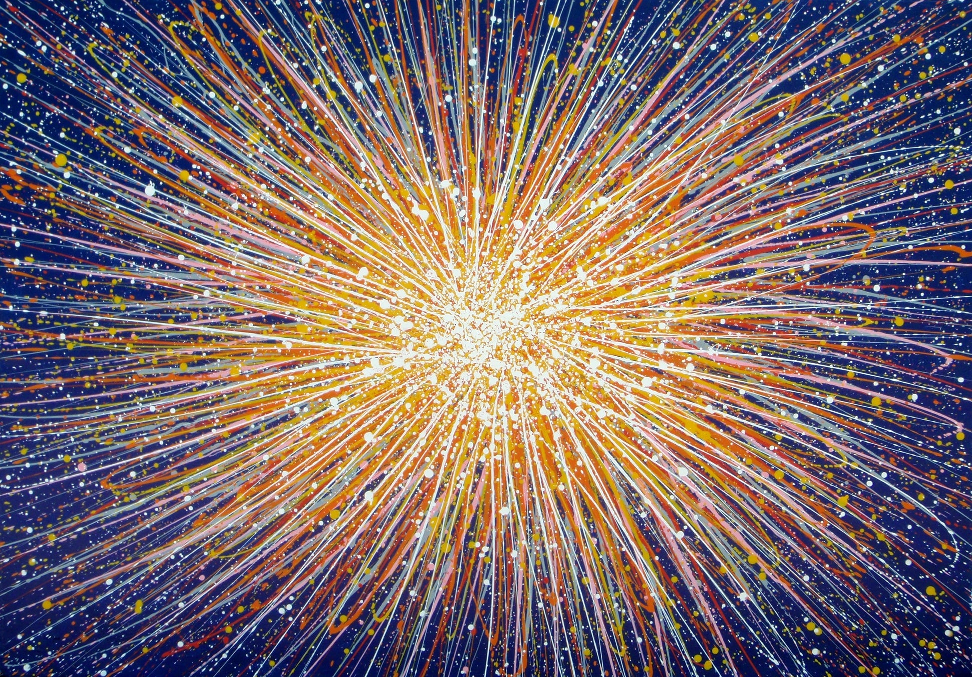 Modern art painting showing a burst of colourful rays of light from a central star against a dark blue sky - full view