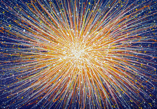 Modern art painting showing a burst of colourful rays of light from a central star against a dark blue sky - full view