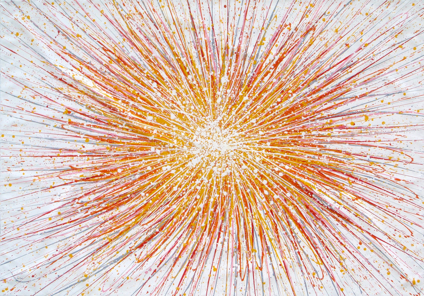 Large painting with radiating lines in yellow, orange and red on a white canvas background, measuring 159 by 112 cm - full view