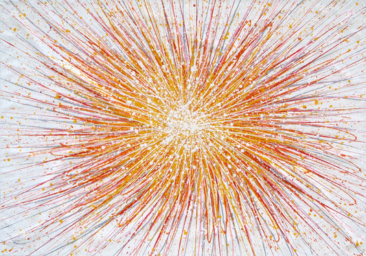 Large painting with radiating lines in yellow, orange and red on a white canvas background, measuring 159 by 112 cm - full view
