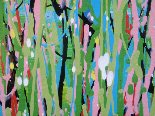 An abstract landscape painting depicting a field of tall grasses with vertical drips of blue, green, yellow, pink, and white paint, on a huge 220 by 112 cm un-stretched canvas - detail
