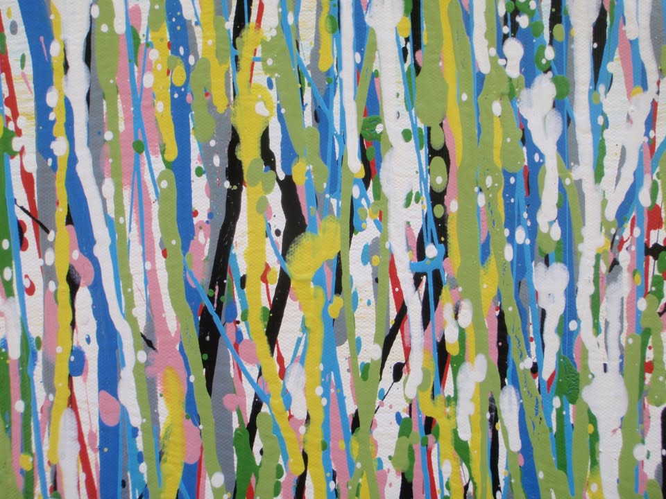 An abstract landscape painting depicting a field of tall grasses with vertical drips of blue, green, yellow, pink, and white paint, on a huge 220 by 112 cm un-stretched canvas - detail