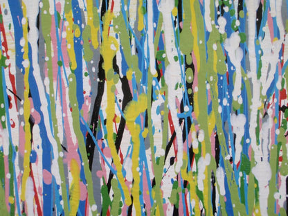 An abstract landscape painting depicting a field of tall grasses with vertical drips of blue, green, yellow, pink, and white paint, on a huge 220 by 112 cm un-stretched canvas - detail