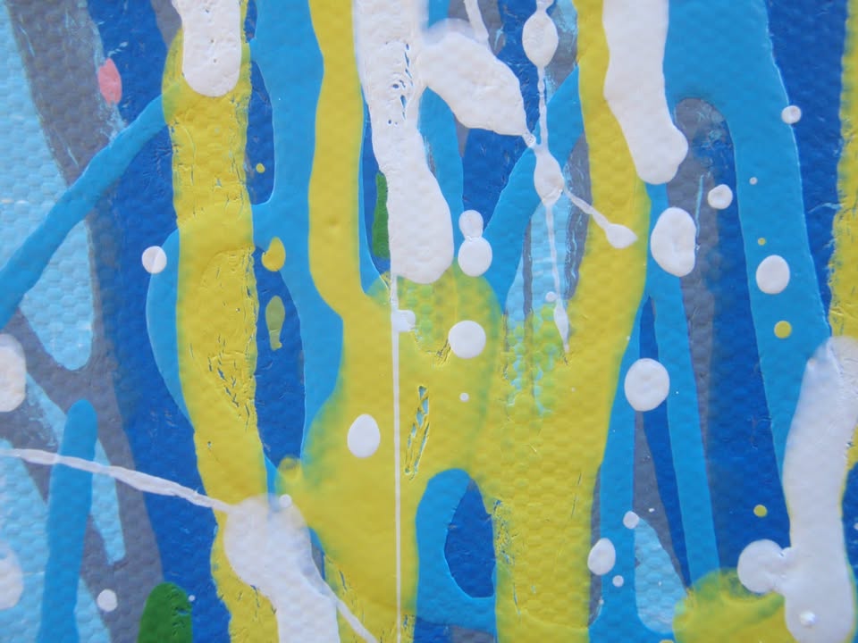 An abstract landscape painting depicting a field of tall grasses with vertical drips of blue, green, yellow, pink, and white paint, on a huge 220 by 112 cm un-stretched canvas - detail