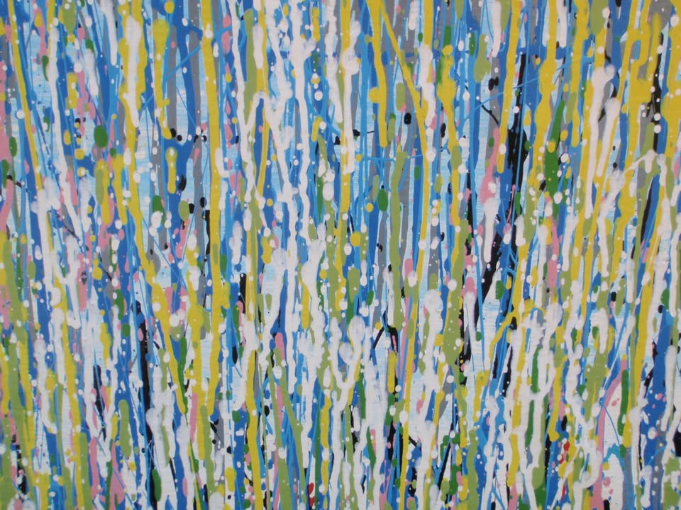 An abstract landscape painting depicting a field of tall grasses with vertical drips of blue, green, yellow, pink, and white paint, on a huge 220 by 112 cm un-stretched canvas - detail