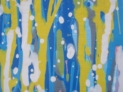 An abstract landscape painting depicting a field of tall grasses with vertical drips of blue, green, yellow, pink, and white paint, on a huge 220 by 112 cm un-stretched canvas - detail