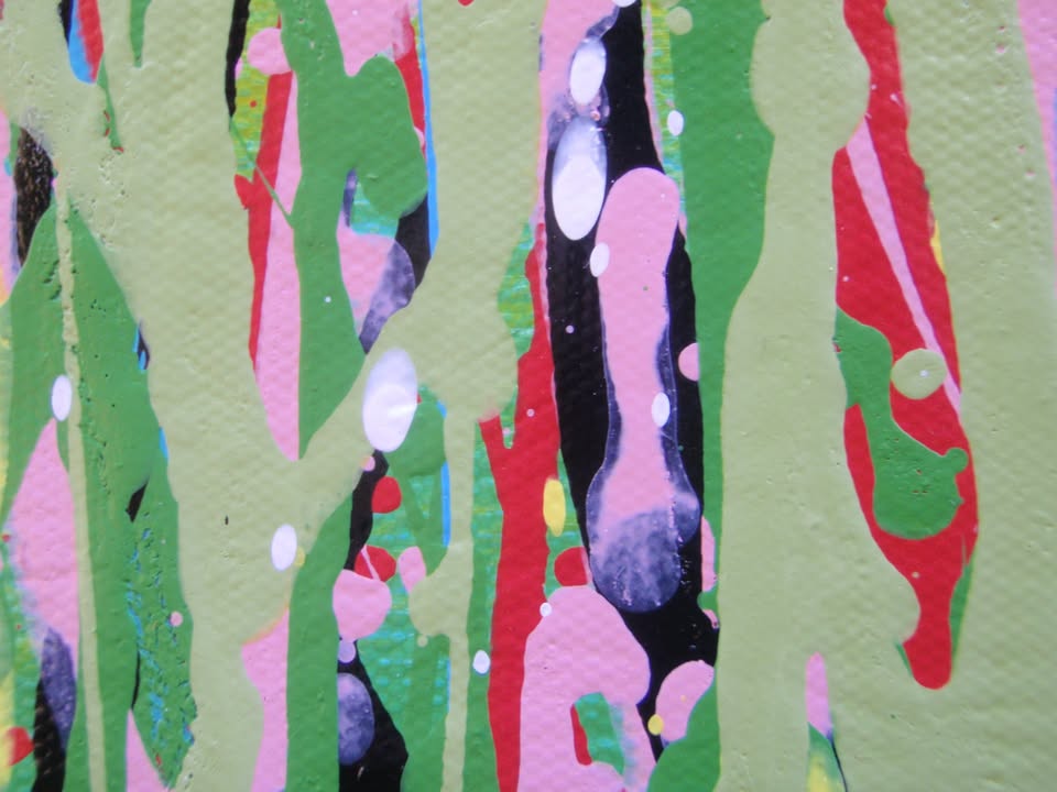 An abstract landscape painting depicting a field of tall grasses with vertical drips of blue, green, yellow, pink, and white paint, on a huge 220 by 112 cm un-stretched canvas - detail