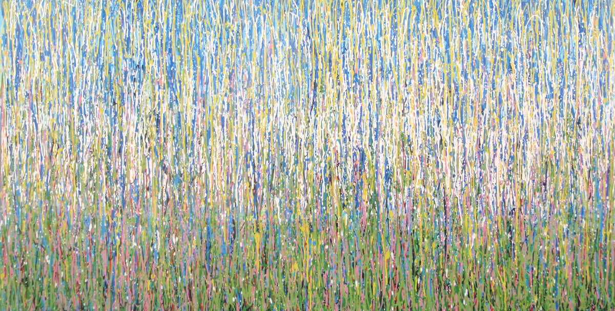 An abstract landscape painting depicting a field of tall grasses with vertical drips of blue, green, yellow, pink, and white paint, on a huge 220 by 112 cm un-stretched canvas - full view