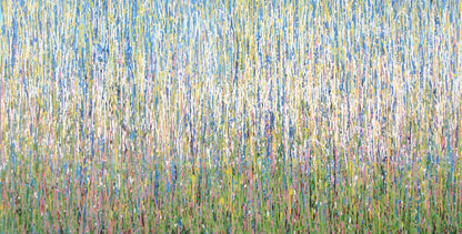 An abstract landscape painting depicting a field of tall grasses with vertical drips of blue, green, yellow, pink, and white paint, on a huge 220 by 112 cm un-stretched canvas - full view