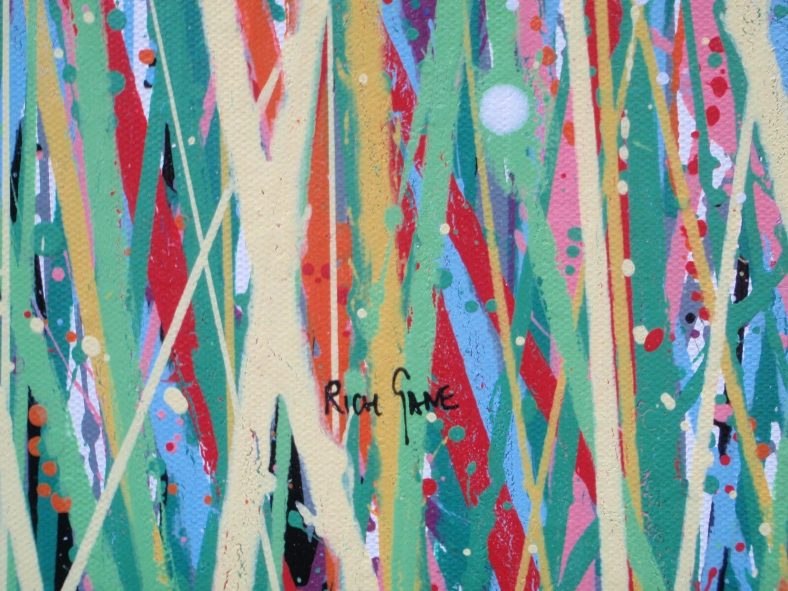 229cm by 112cm original bright and colourful floral landscape painting on un-stretched canvas - detail