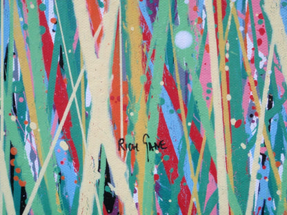 229cm by 112cm original bright and colourful floral landscape painting on un-stretched canvas - detail
