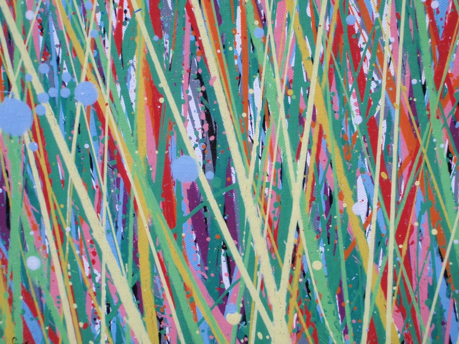 229cm by 112cm original bright and colourful floral landscape painting on un-stretched canvas - detail 1