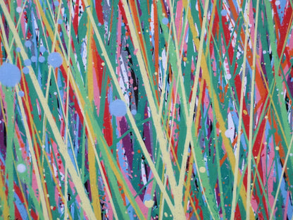 229cm by 112cm original bright and colourful floral landscape painting on un-stretched canvas - detail 1