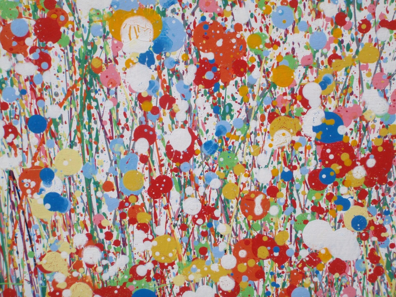 229cm by 112cm original bright and colourful floral landscape painting on un-stretched canvas - detail