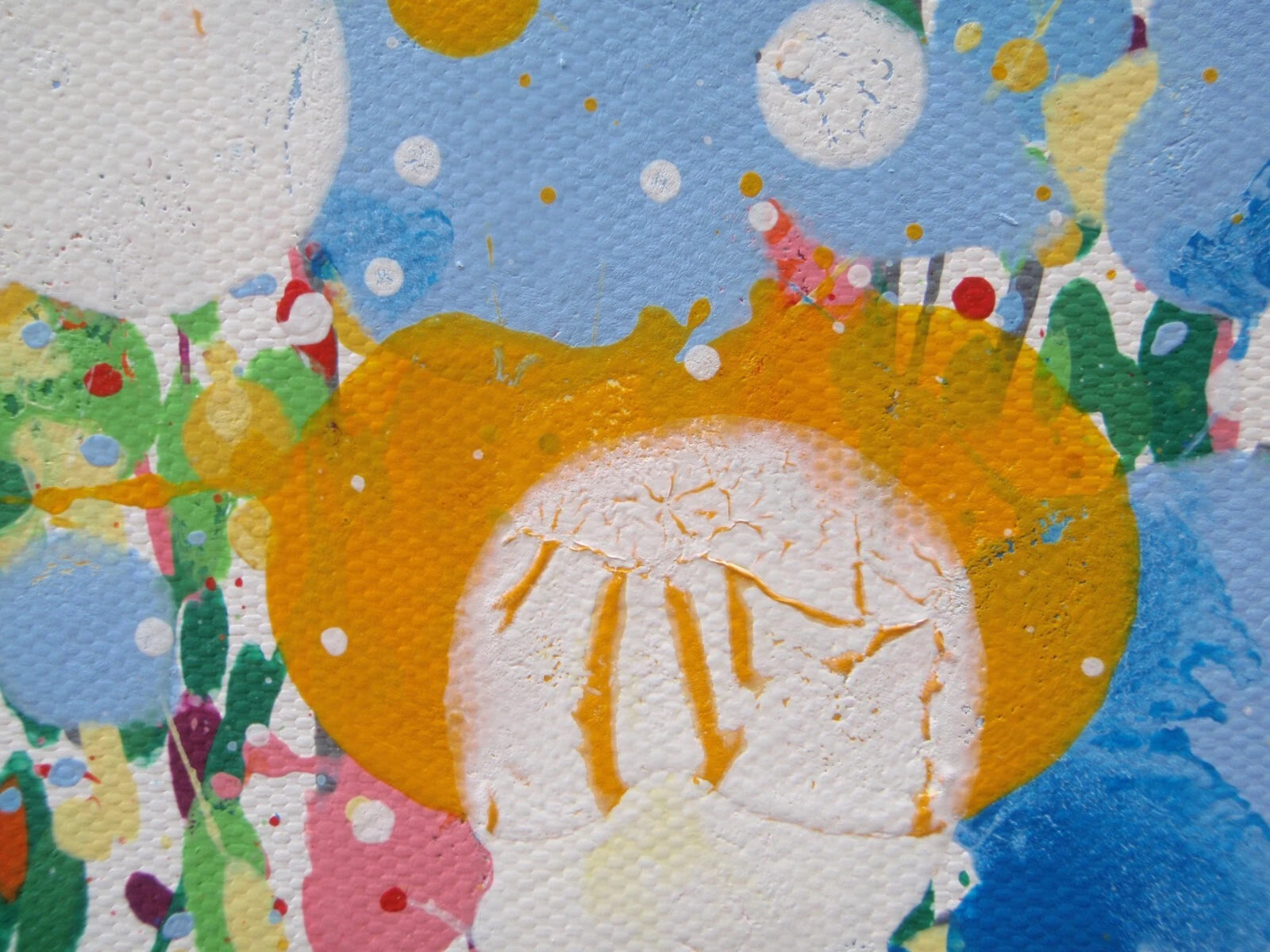 229cm by 112cm original bright and colourful floral landscape painting on un-stretched canvas - detail 2