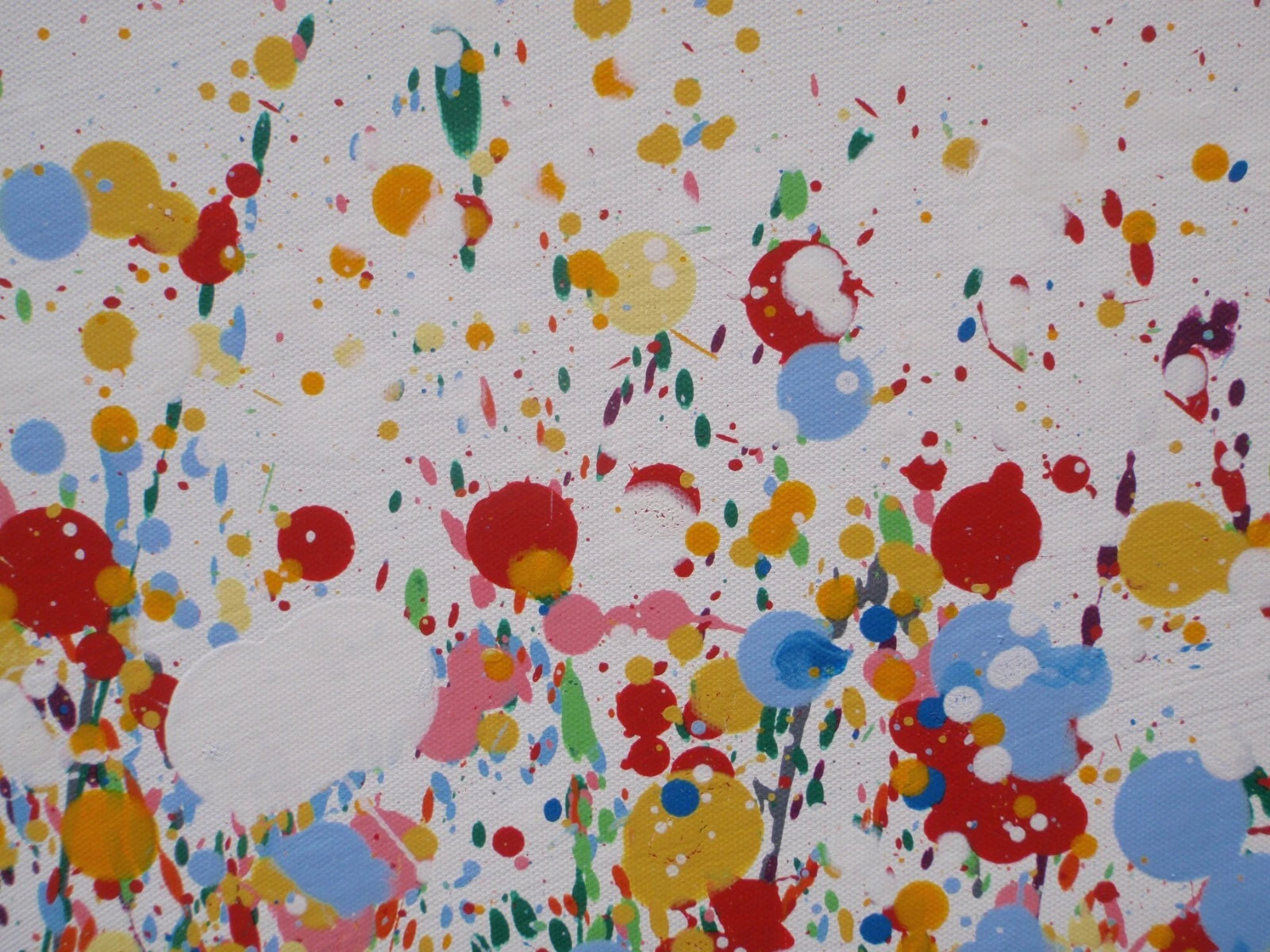 229cm by 112cm original bright and colourful floral landscape painting on un-stretched canvas - detail